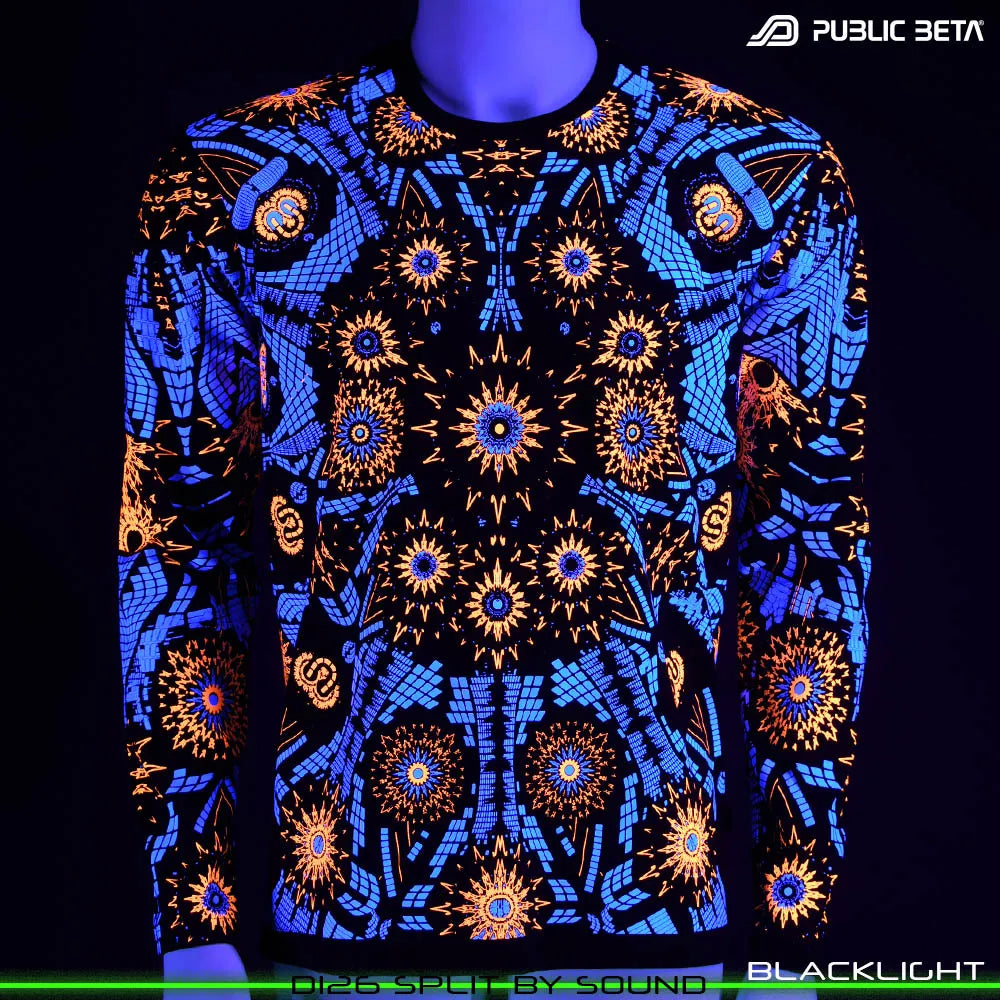 longsleeve with dense pattern UV-reactive graphics glowing under blacklight