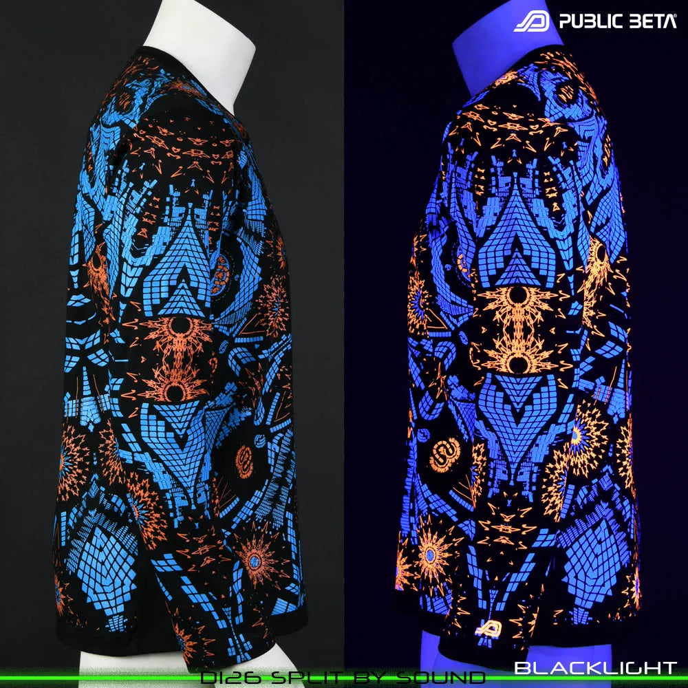 Split image of alongsleeve shirt with uv-reactive graphics shown in natural light and glowing under blacklight