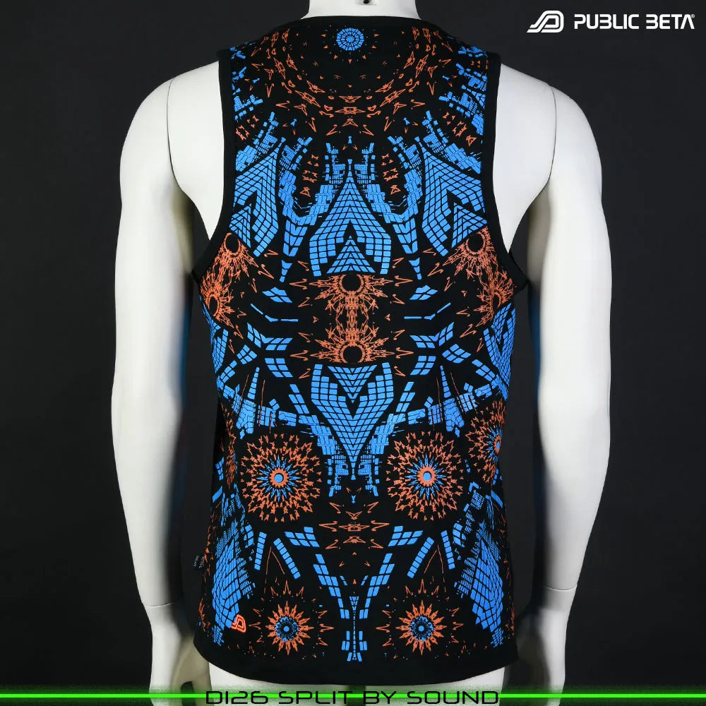 Sleeveless shirt with geometric UV-reactive graphics, photographed in natural light