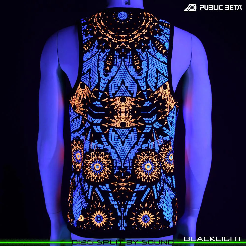 Sleeveless shirt with geometric UV-reactive graphics glowing under blacklight