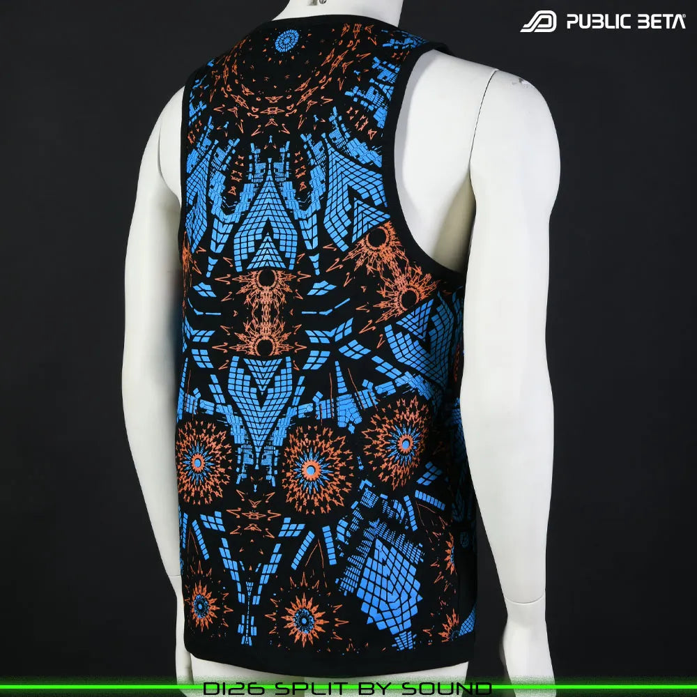 Sleeveless shirt with geometric UV-reactive graphics, photographed in natural light