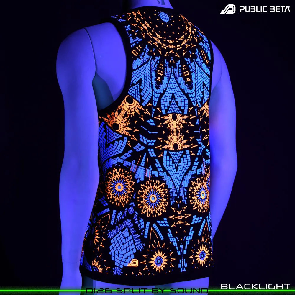 Sleeveless shirt with geometric UV-reactive graphics glowing under blacklight