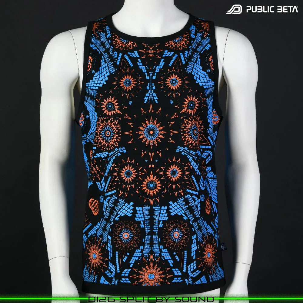 Sleeveless shirt with geometric UV-reactive graphics, photographed in natural light