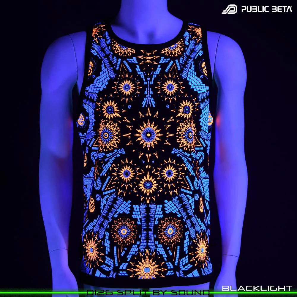 Sleeveless shirt with geometric UV-reactive graphics glowing under blacklight