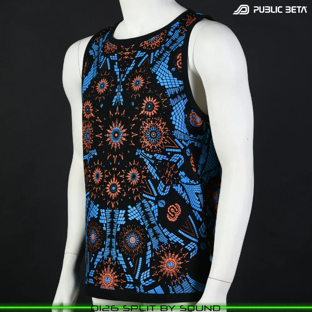 Sleeveless shirt with geometric UV-reactive graphics, photographed in natural light