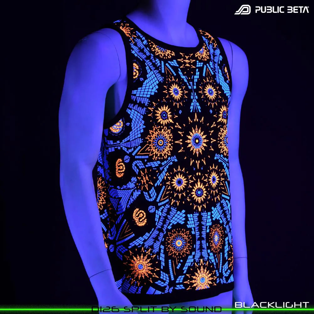 Sleeveless shirt with geometric UV-reactive graphics glowing under blacklight
