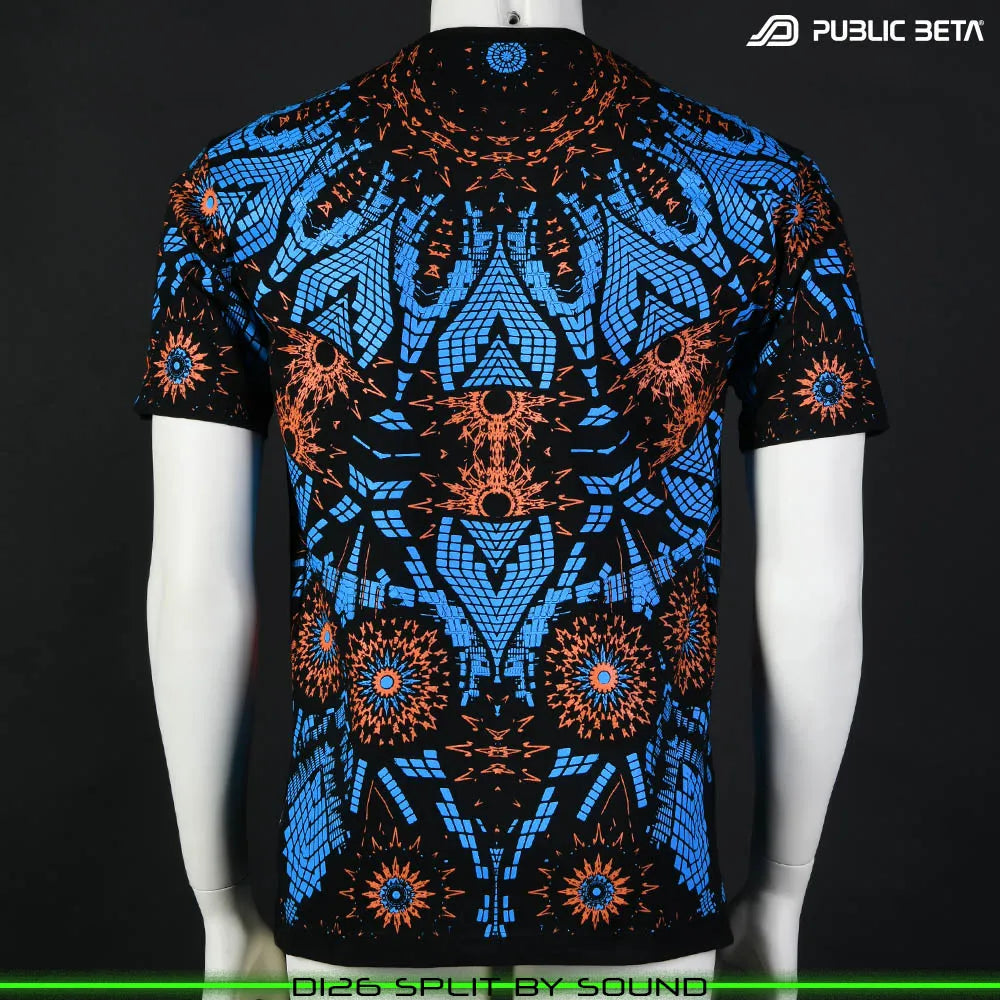 T-shirt with all-over UV-reactive print, photographed in natural light back