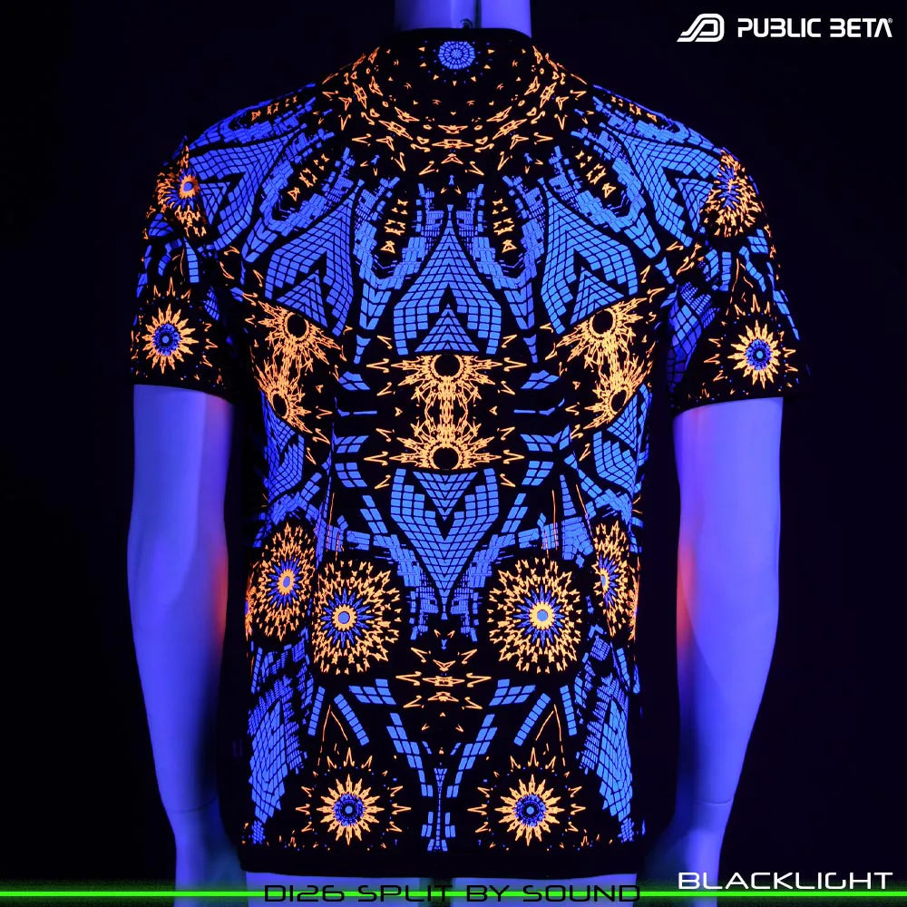 T-shirt with all-over UV-reactive print glowing under blacklight back