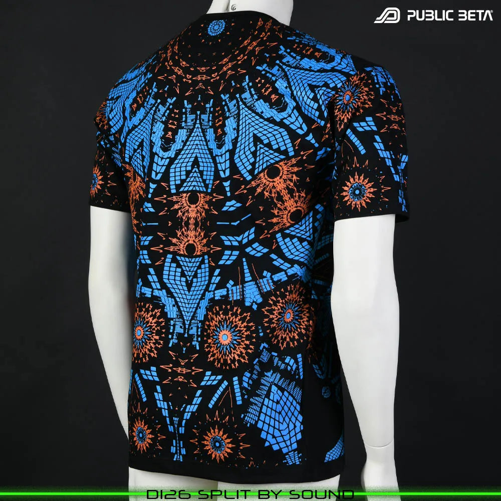 T-shirt with all-over UV-reactive print, photographed in natural light back