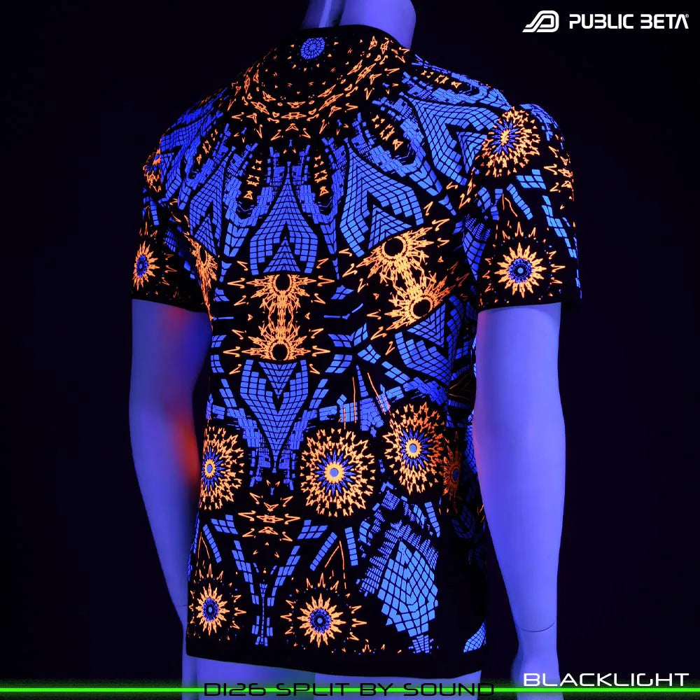 T-shirt with all-over UV-reactive print glowing under blacklight back