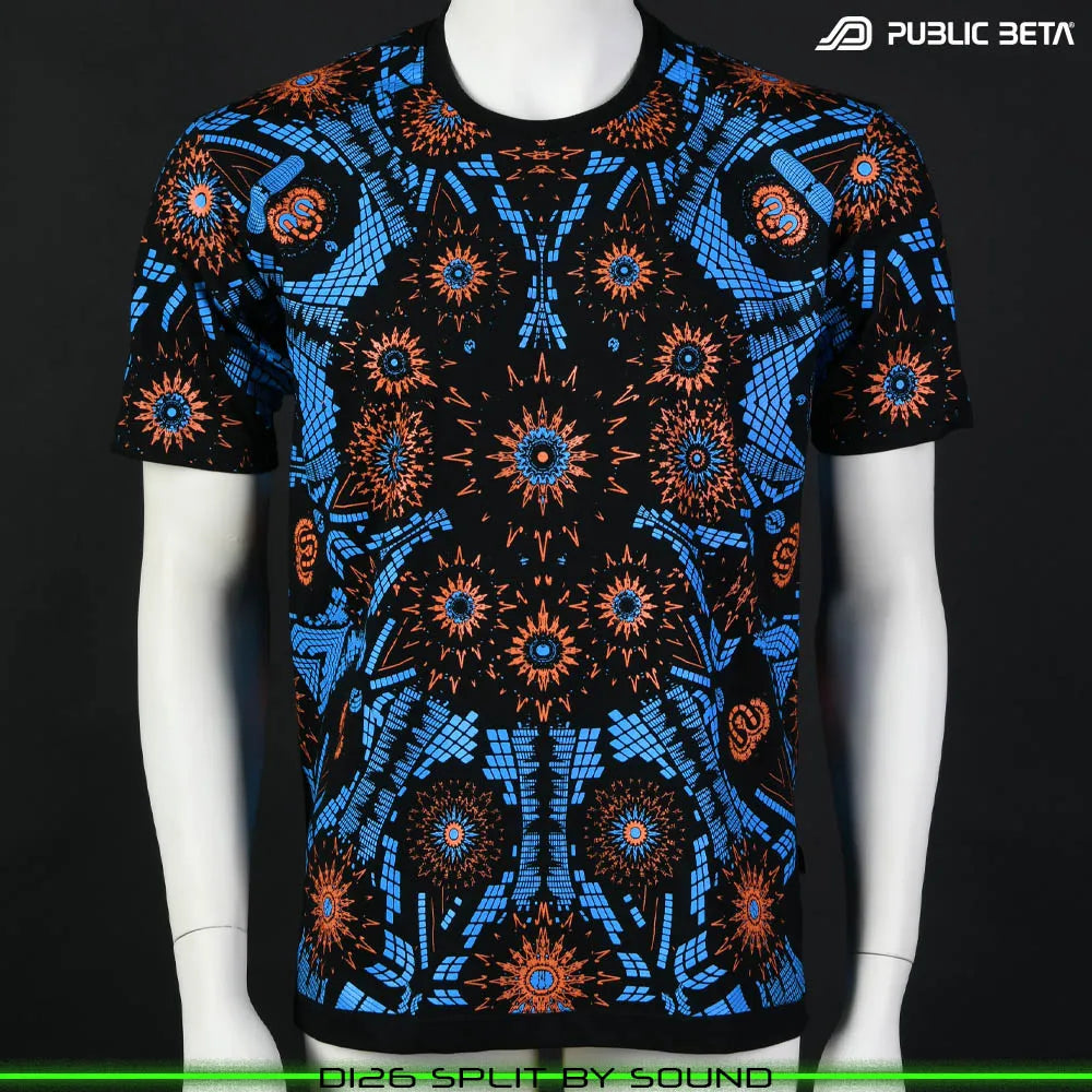 T-shirt with all-over UV-reactive print, photographed in natural light front