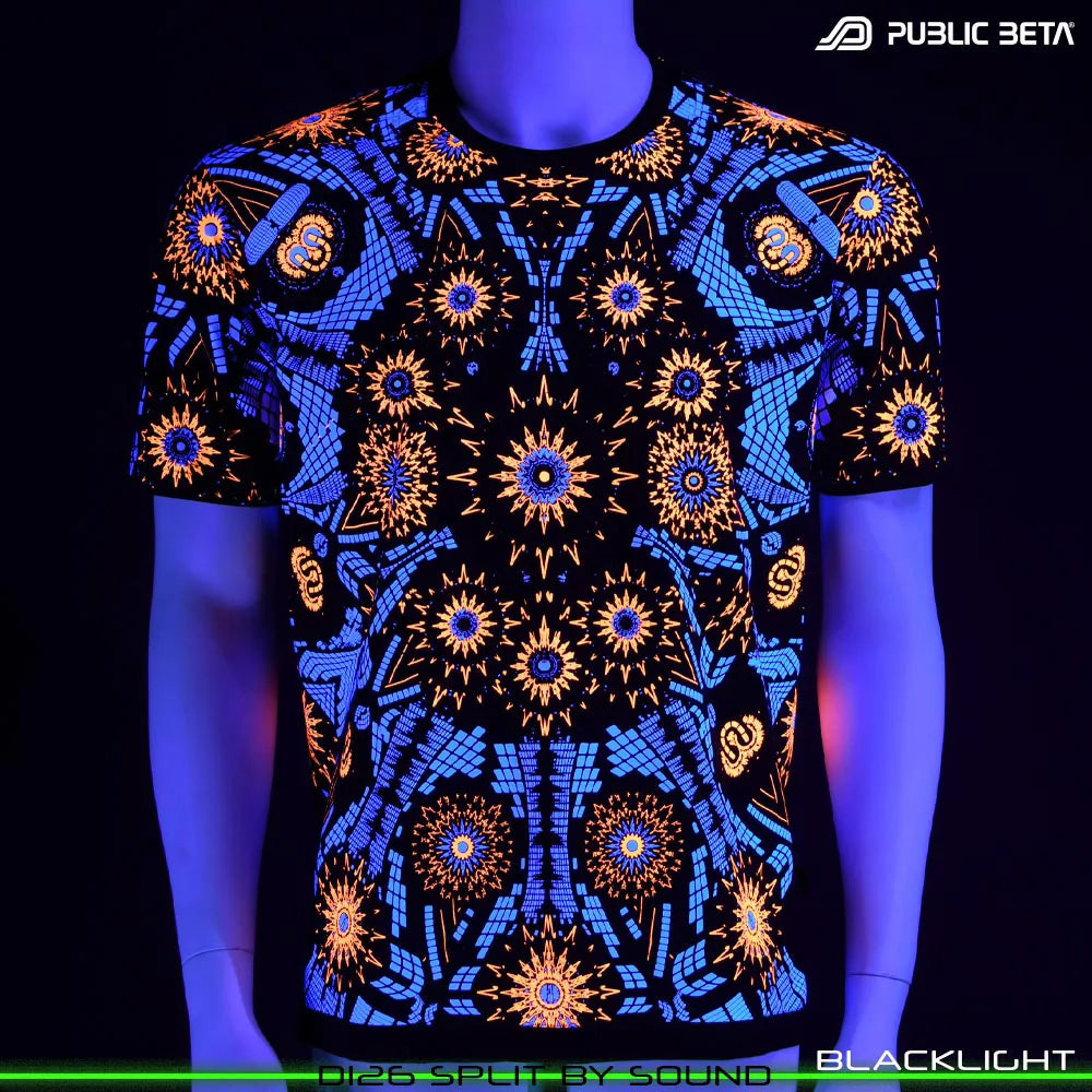 T-shirt with all-over UV-reactive print glowing under blacklight front