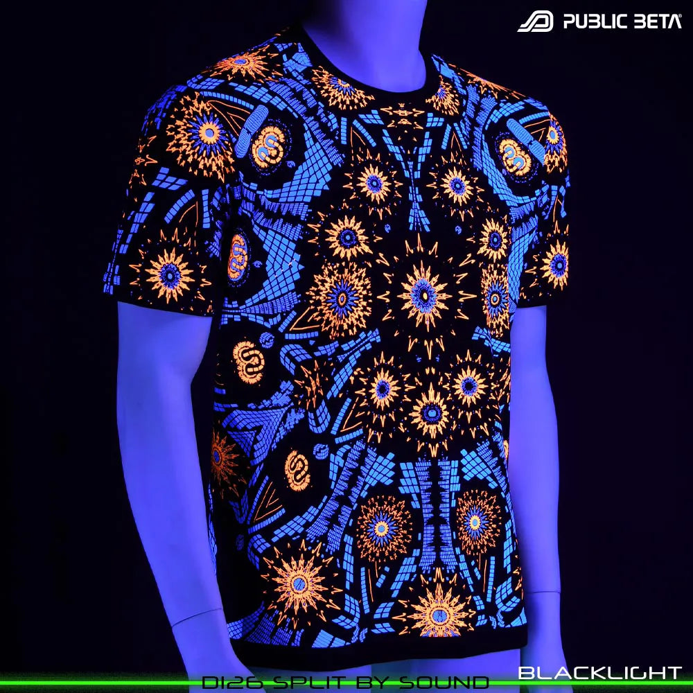 T-shirt with all-over UV-reactive print glowing under blacklight front