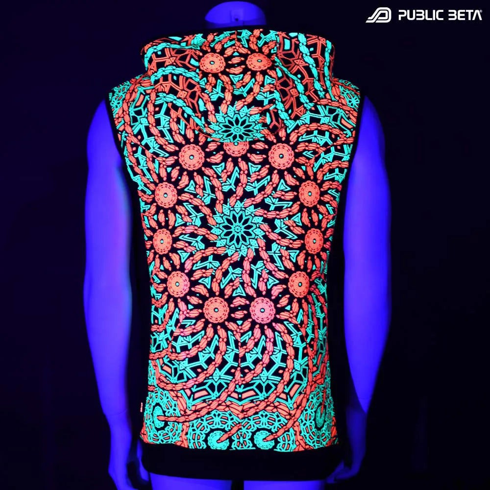 Hooded Vest with UV-reactive futuristic print glowing under blacklight