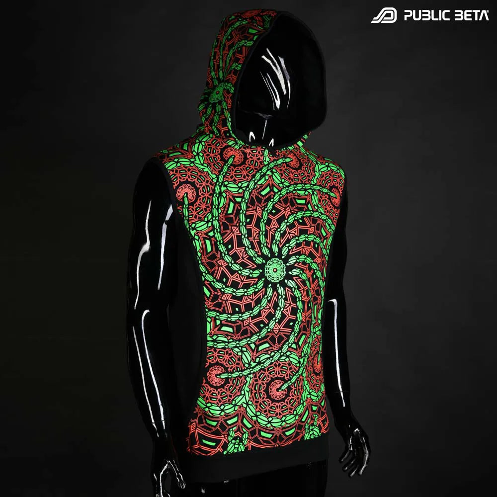 Hooded Vest with organic UV-reactive print, photographed in natural light