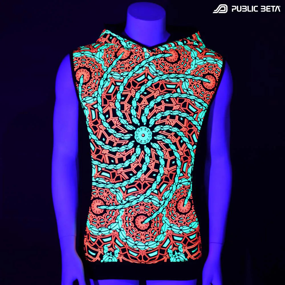 Hooded Vest with UV-reactive futuristic print glowing under blacklight