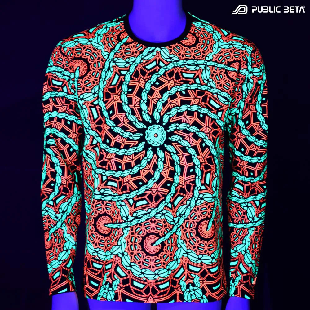 longsleeve with dense pattern UV-reactive graphics glowing under blacklight