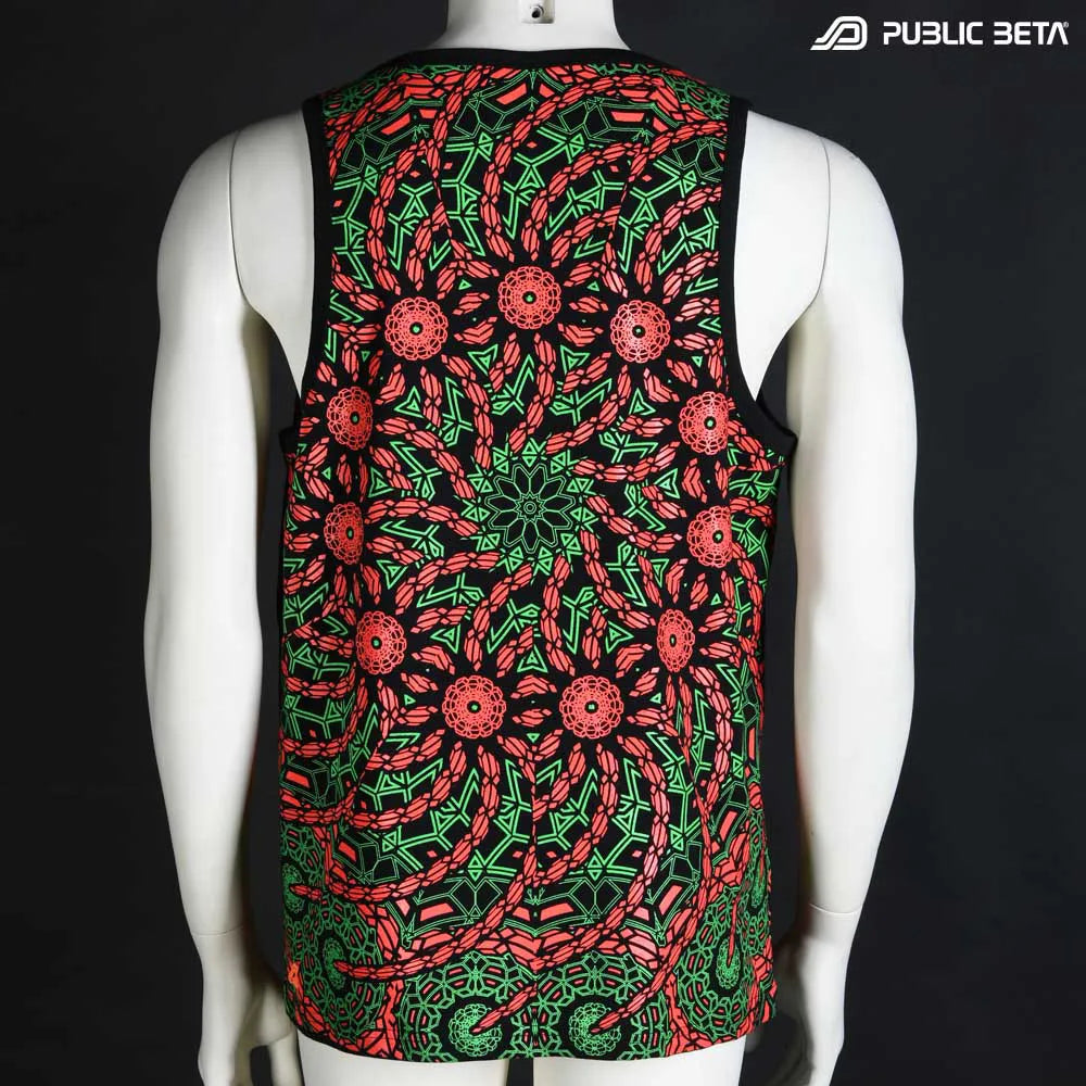 Sleeveless shirt with all-over UV-reactive print, photographed in natural light