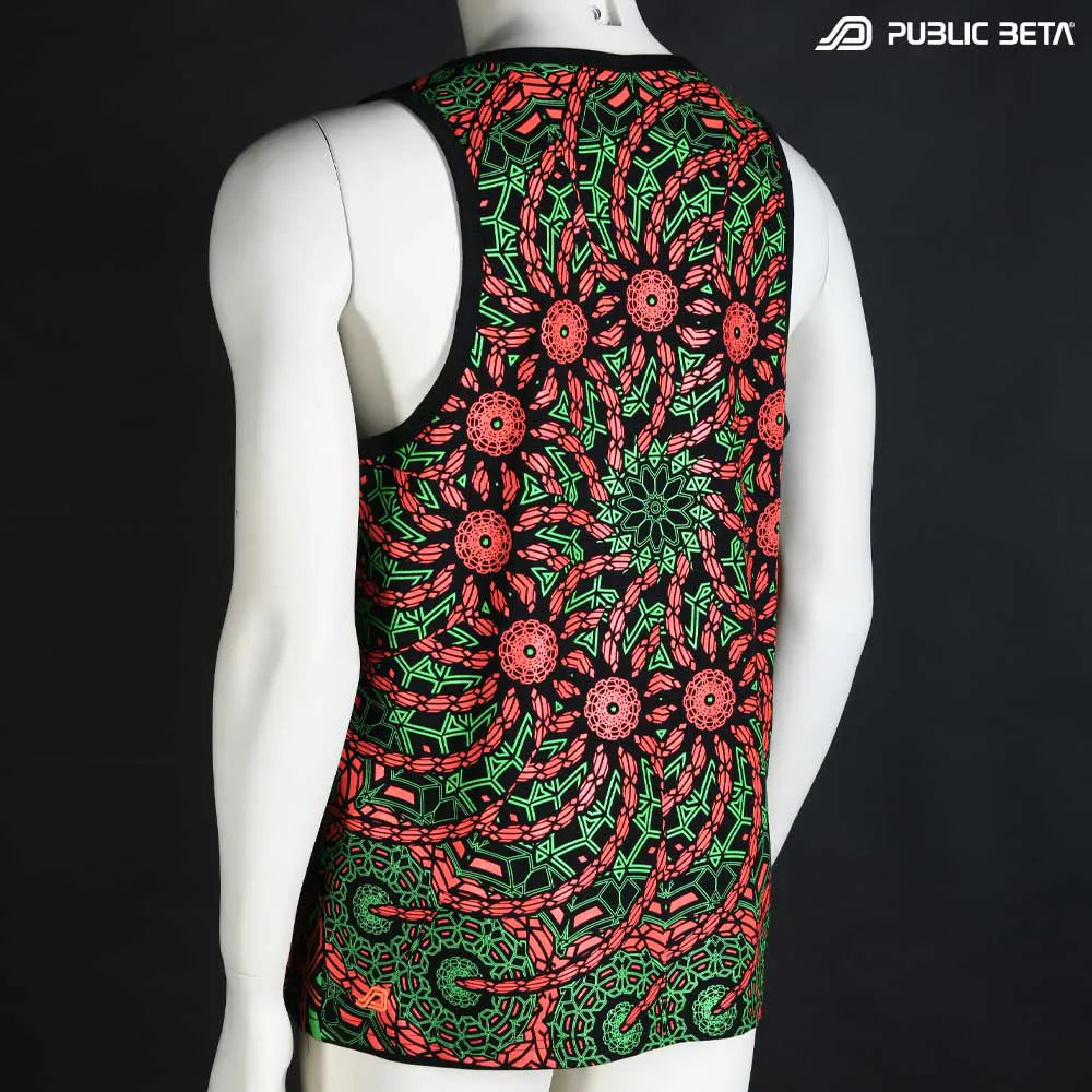 Sleeveless shirt with all-over UV-reactive print, photographed in natural light