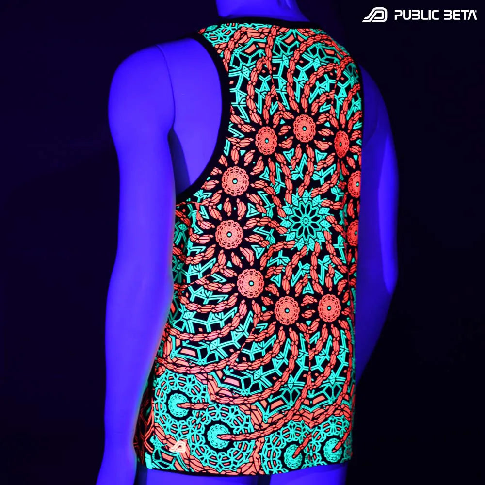 Sleeveless shirt with geometric UV-reactive graphics glowing under blacklight