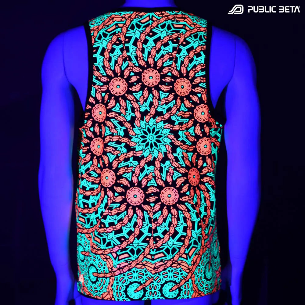 Sleeveless shirt with geometric UV-reactive graphics glowing under blacklight