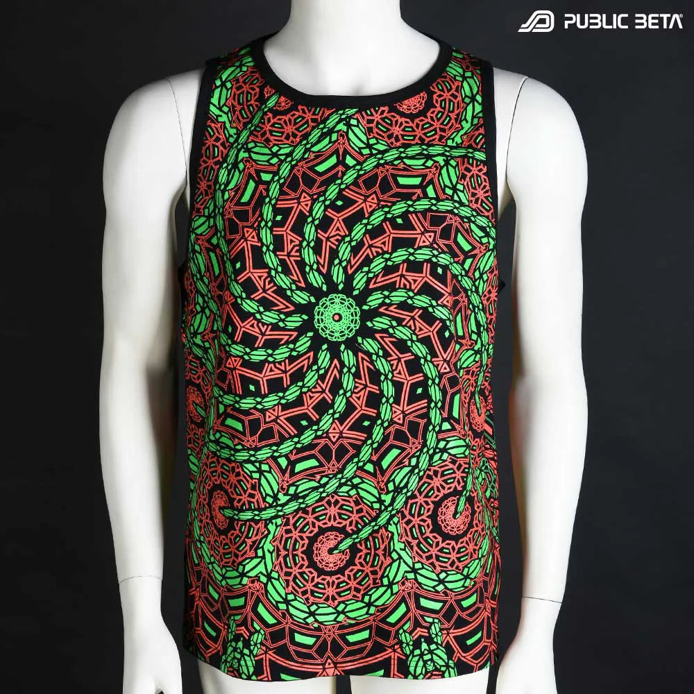 Sleeveless shirt with all-over UV-reactive print, photographed in natural light