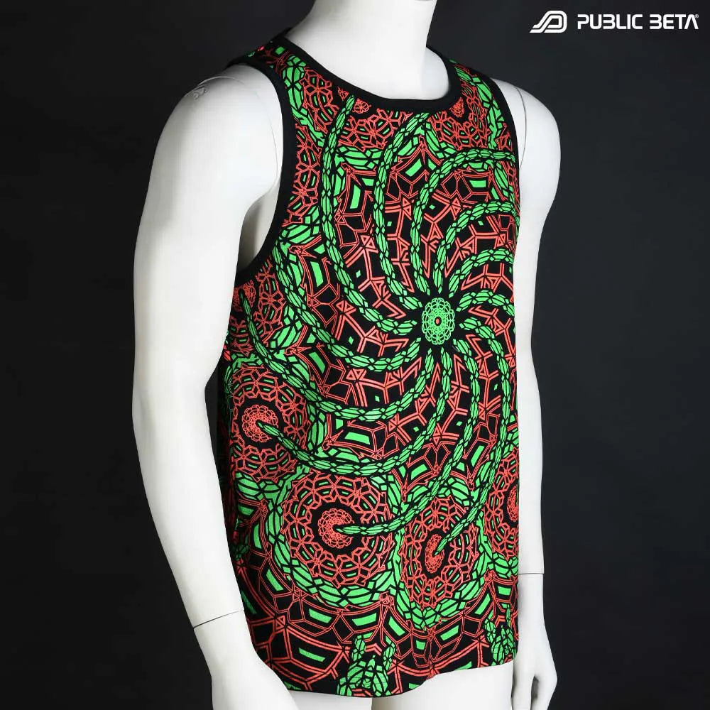 Sleeveless shirt with all-over UV-reactive print, photographed in natural light