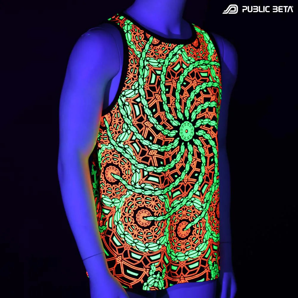 Sleeveless shirt with geometric UV-reactive graphics glowing under blacklight