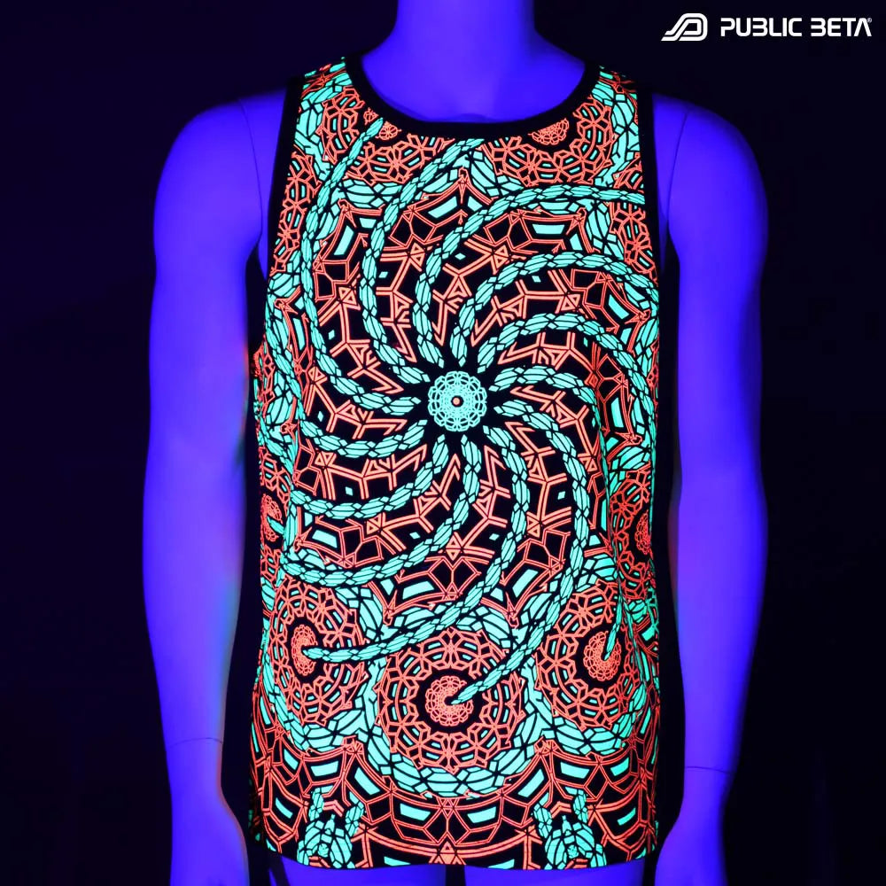 Sleeveless shirt with geometric UV-reactive graphics glowing under blacklight