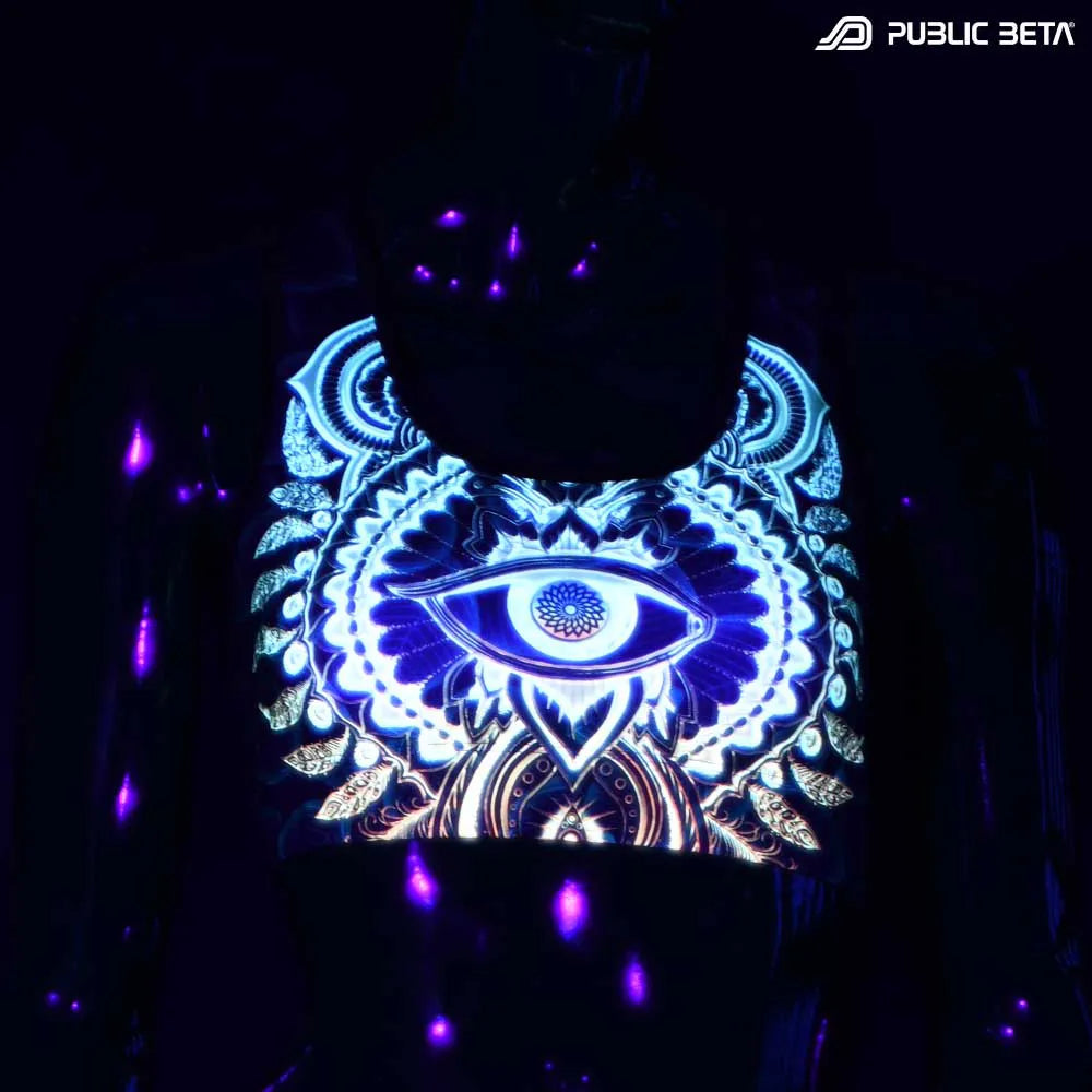 Active top with organic UV-reactive print glowing under blacklight front view