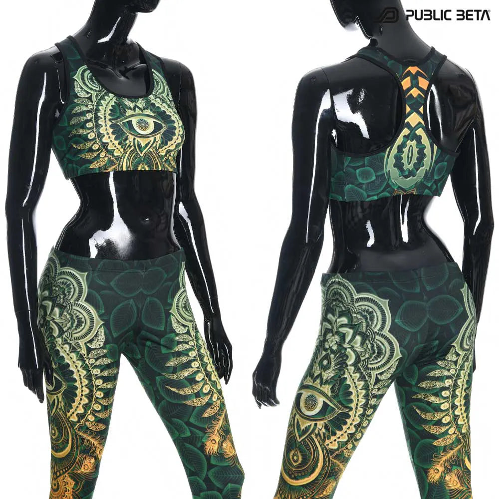 Active top with organic UV-reactive print, photographed in natural light