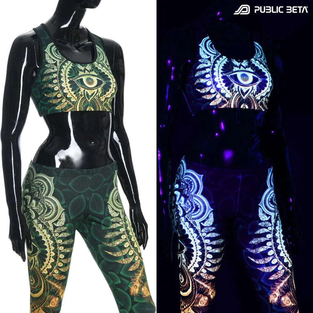Split image of a sports bra with UV reactive print shown in natural light and glowing under blacklight