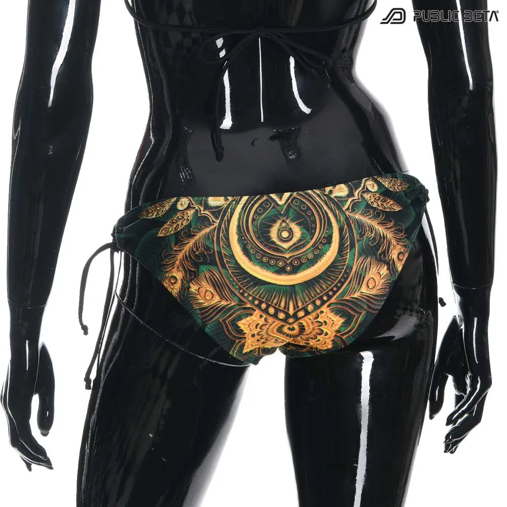 Bikini  set with UV-reactive printed graphics, photographed in natural light