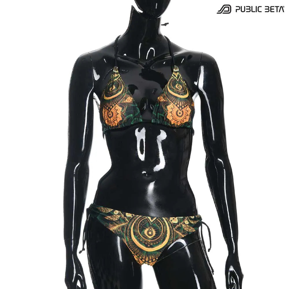 Bikini  set with UV-reactive printed graphics, photographed in natural light