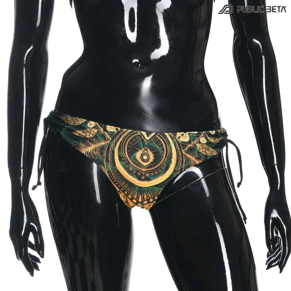 Bikini  set with UV-reactive printed graphics, photographed in natural light