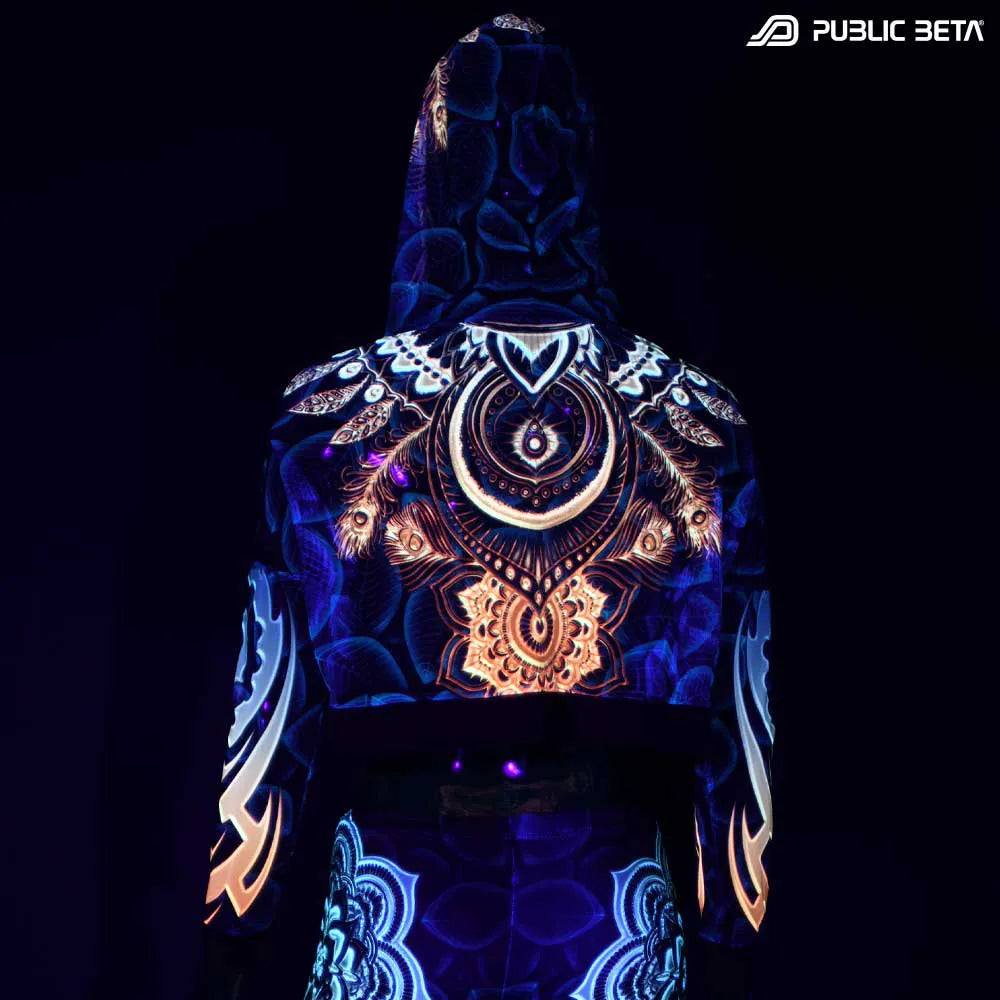 Hooded Top with uv reactive psychedelic art printed graphics glowing under blacklight