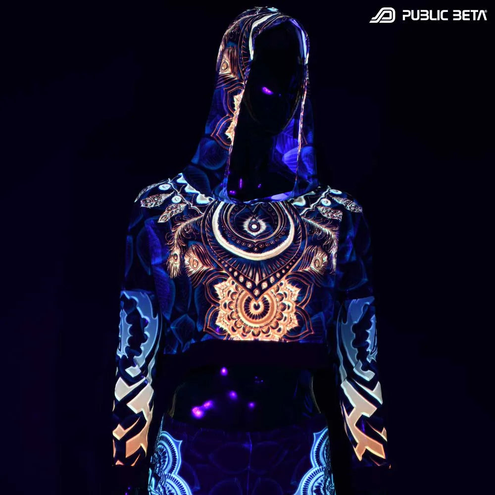 Hooded Top with uv reactive psychedelic art printed graphics glowing under blacklight