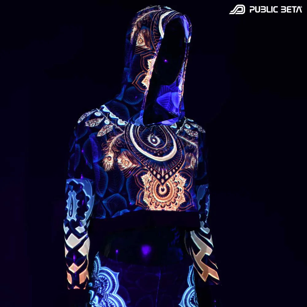 Hooded Top with uv reactive psychedelic art printed graphics glowing under blacklight