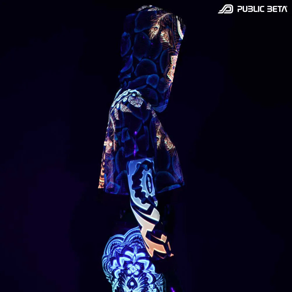 Hooded Top with uv reactive psychedelic art printed graphics glowing under blacklight
