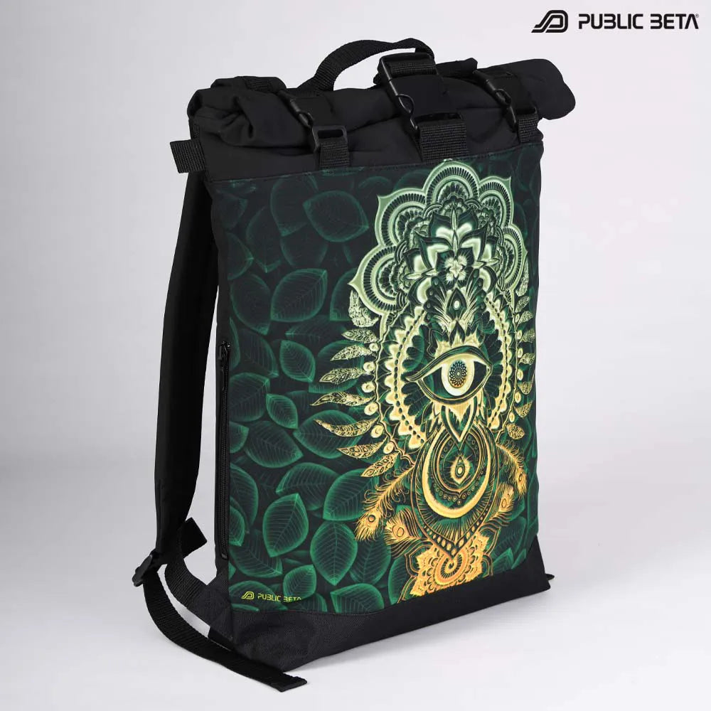 Backpack with UV-reactive psychedelic art print photographed in natural light
