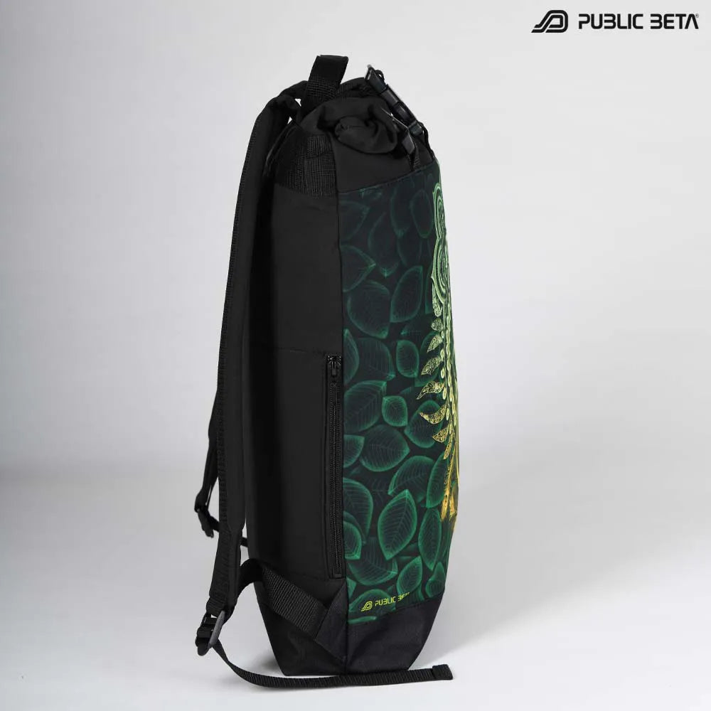 Backpack with UV-reactive psychedelic art print photographed in natural light