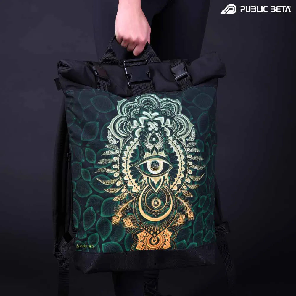 Backpack with UV-reactive psychedelic art print photographed in natural light