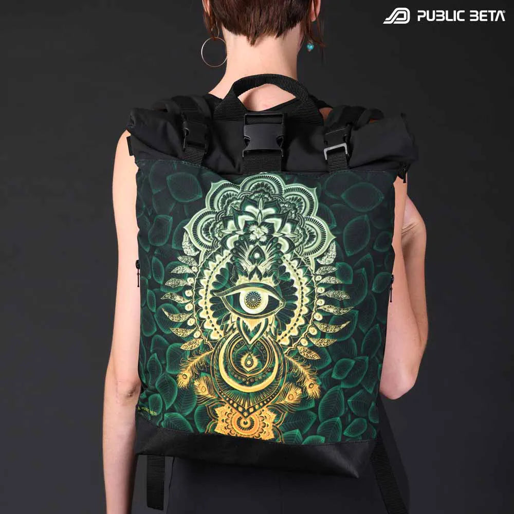 Backpack with UV-reactive psychedelic art print photographed in natural light