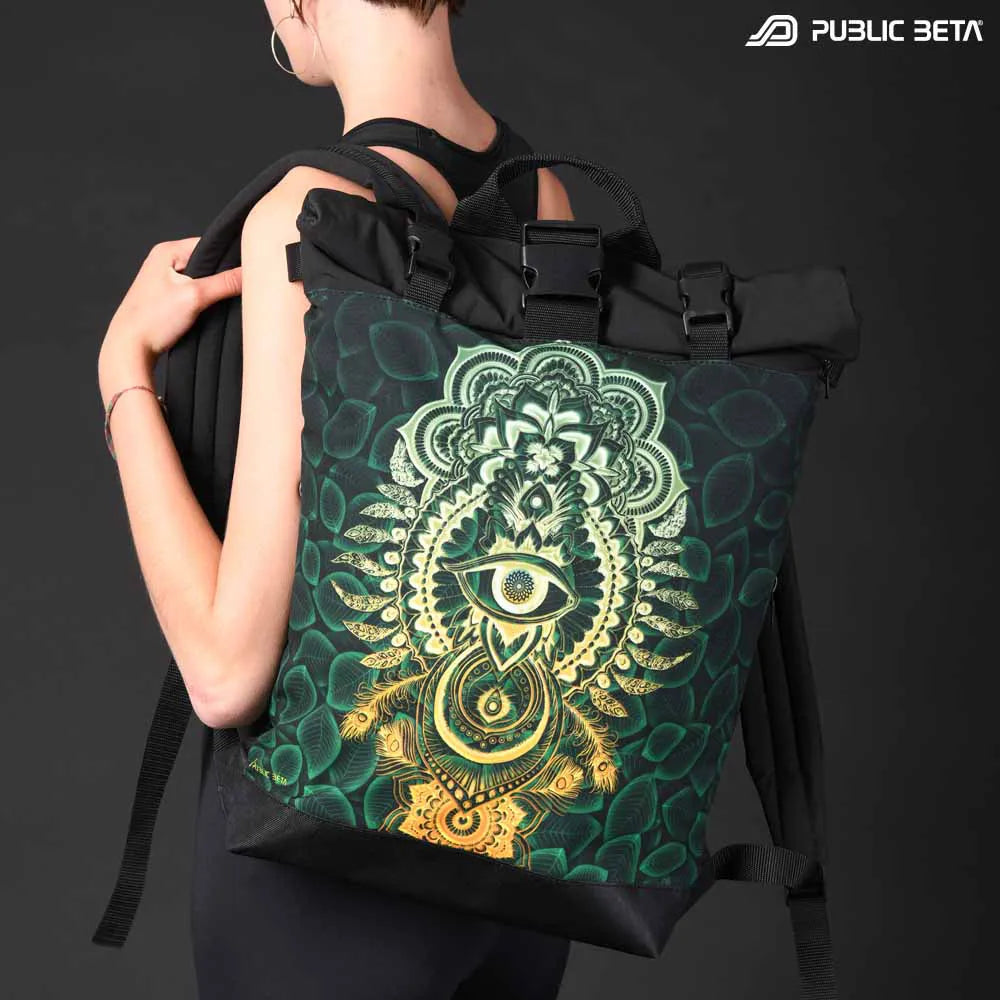 Backpack with UV-reactive psychedelic art print photographed in natural light