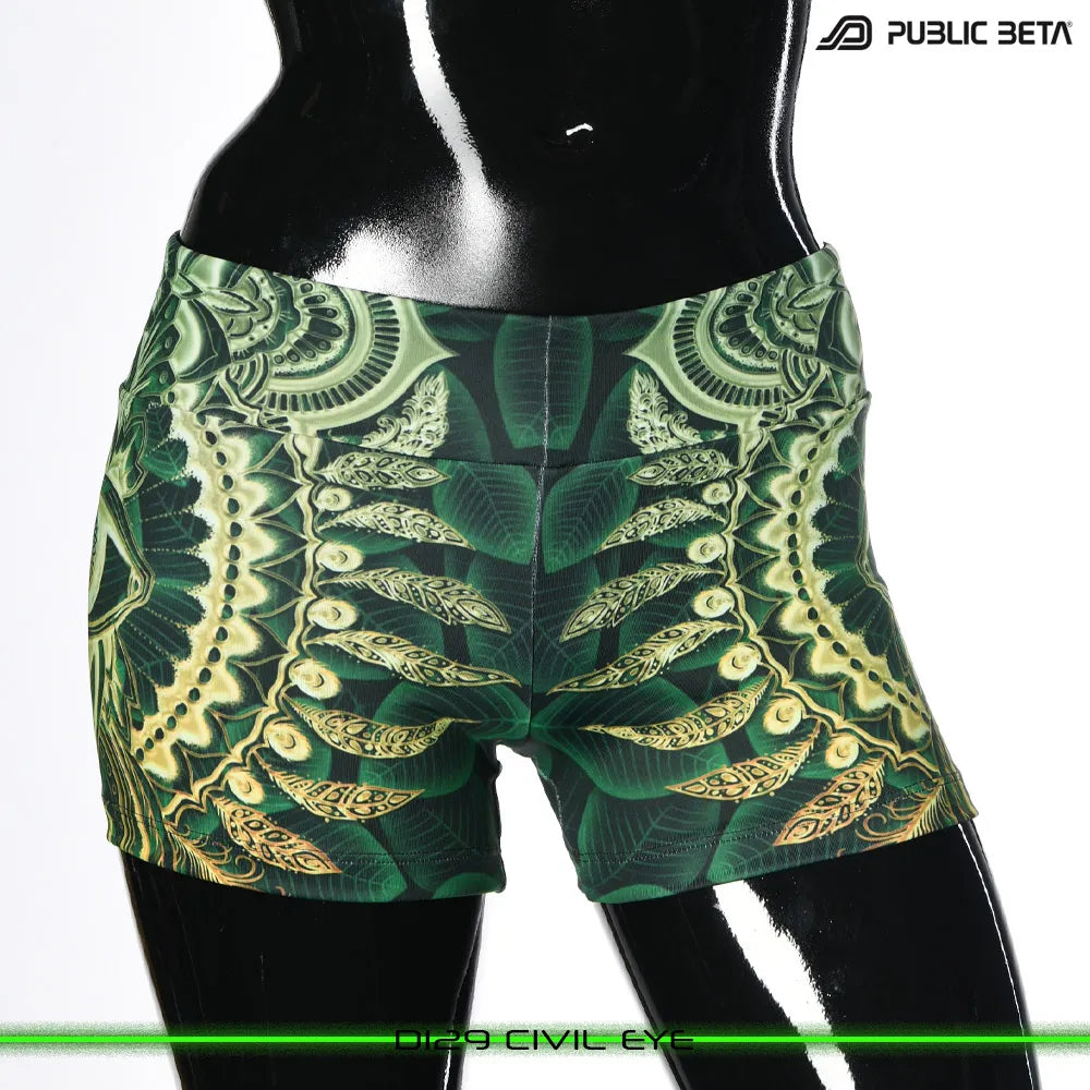 Shorts women with UV-reactive printed graphics, photographed in natural light front view