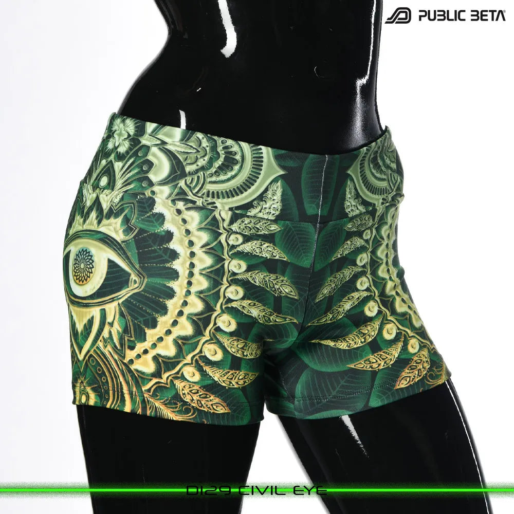 Shorts women with UV-reactive printed graphics, photographed in natural light front