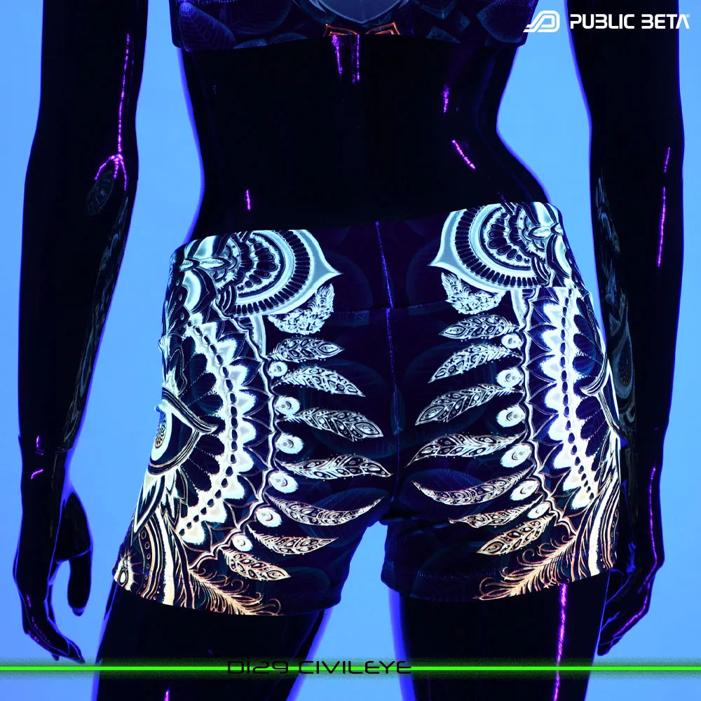 Shorts women with UV-reactive graphics glowing under blacklight back view