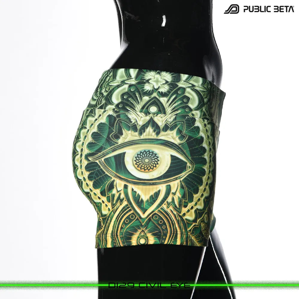 Shorts women with UV-reactive printed graphics, photographed in natural light 