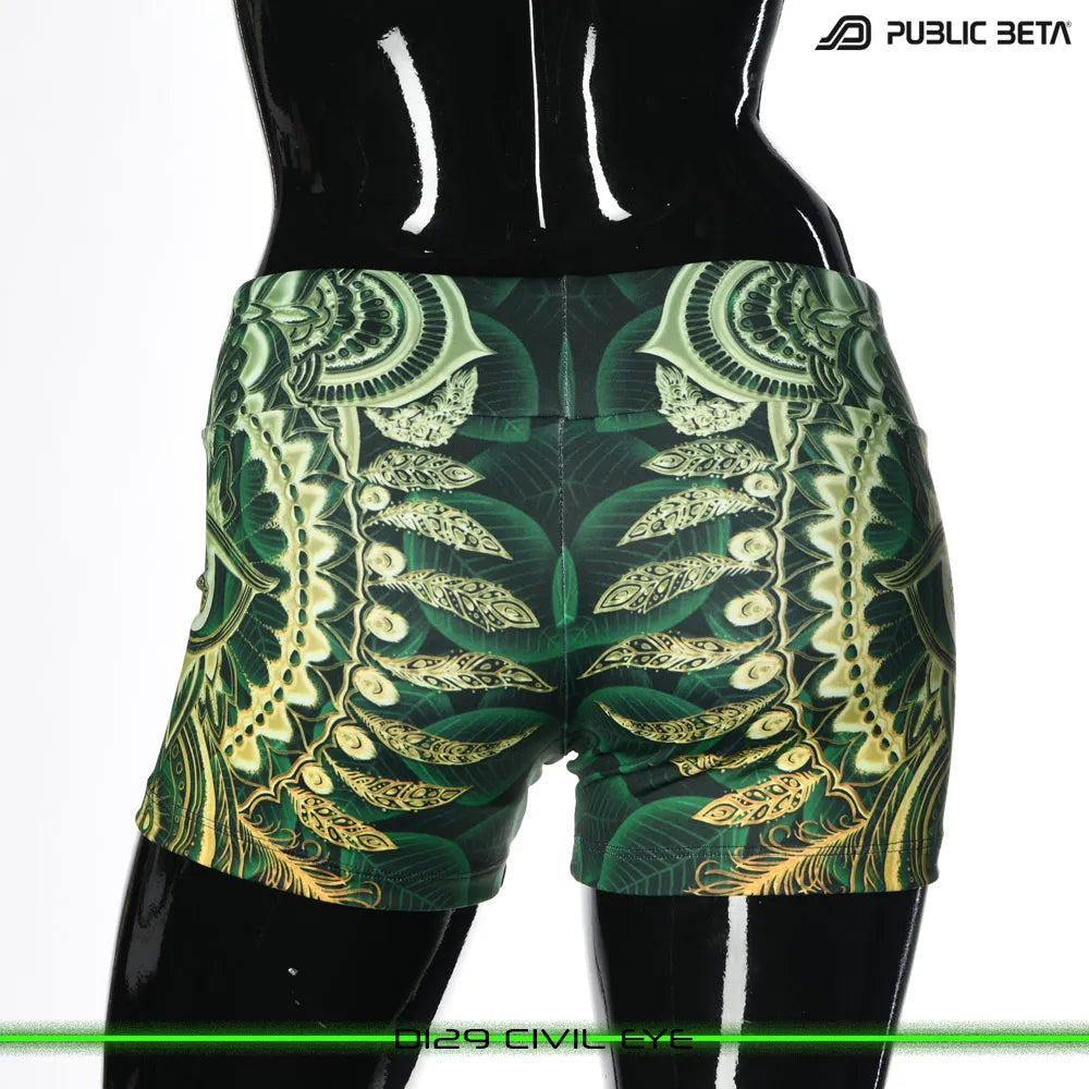 Shorts women with UV-reactive printed graphics, photographed in natural light back