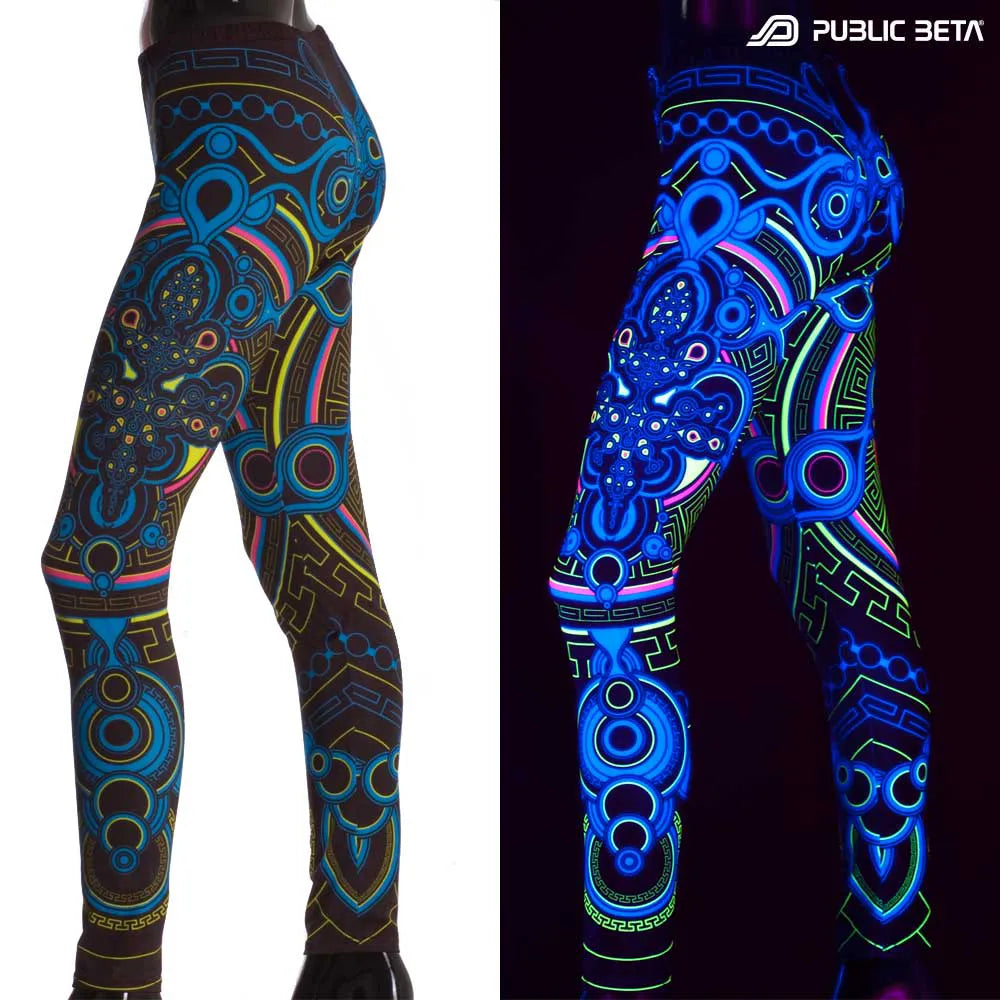 Leggings with UV-reactive psychedelic print glowing under blacklight